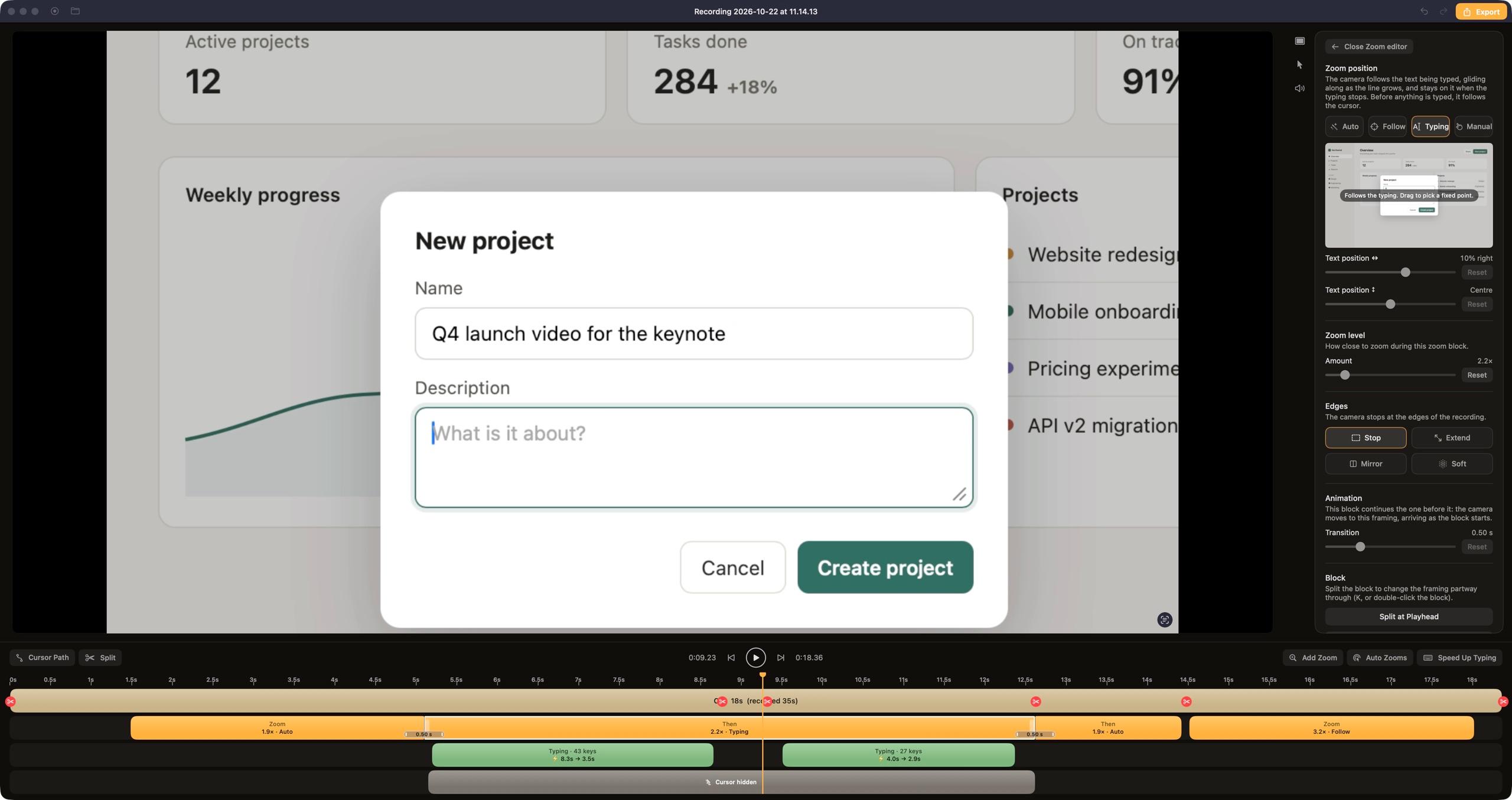 The ScreenReel editor: the preview of the demo, the timeline with zoom, typing and cursor blocks, and the settings panel